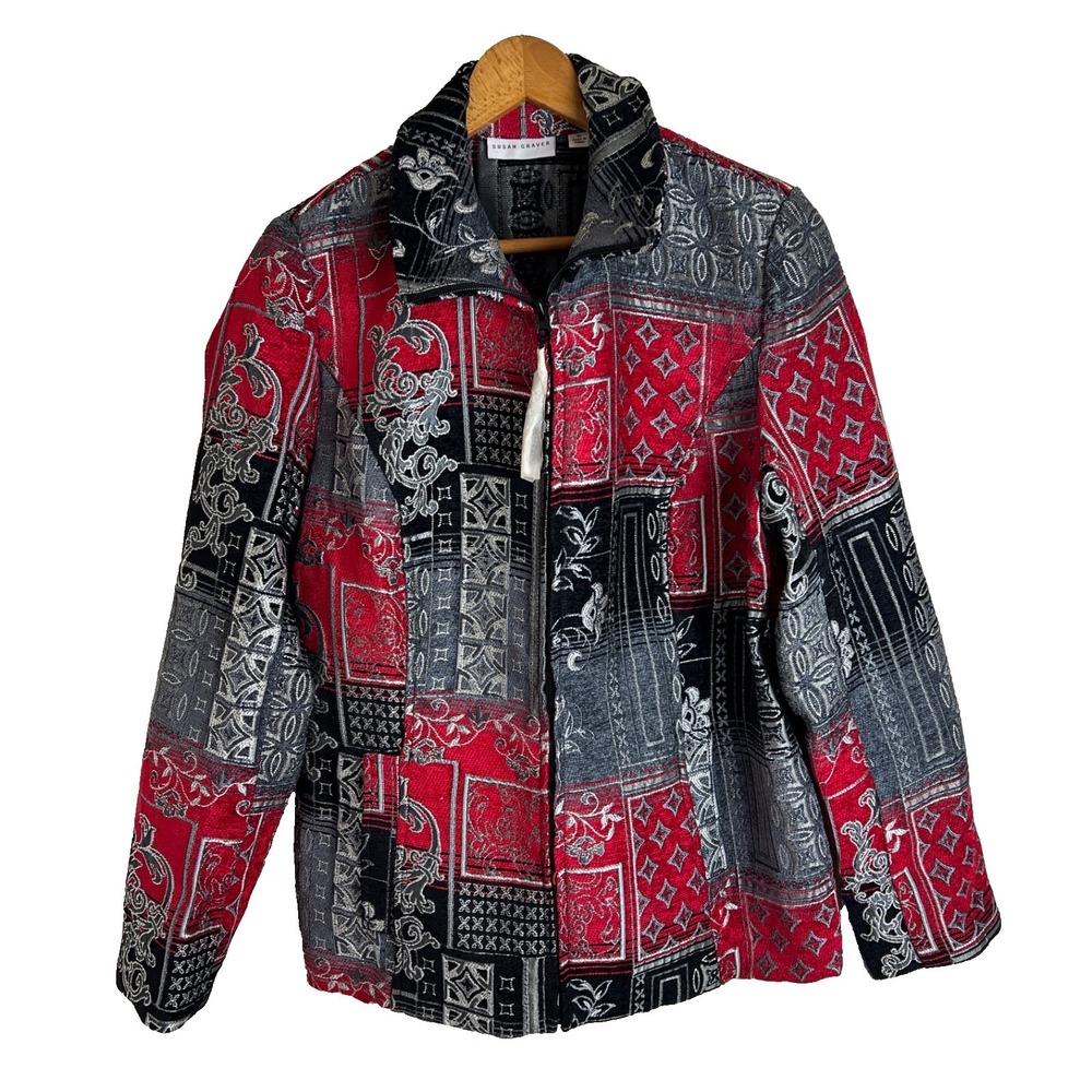 Susan Graver Patchwork Jacket Size 10 Blazer Red Black Paisley Quilted Artsy